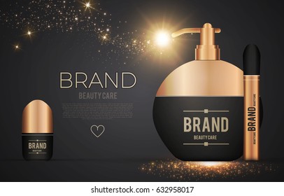 Cosmetics Packaging Design Template with Gold Flach. Lotion, Perfume Brush and Deodorant. Vector illustration