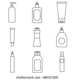 Cosmetics packaging outline icons. Vector illustration of cream bottles, lotion, soap, moisture container, perfume jug isolated. Beauty and bodycare set.