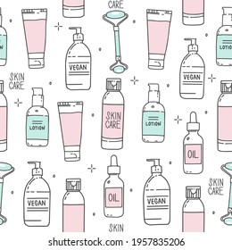 Cosmetics packaging. Products for glowing skin. Cream, lotion, toner, serum, oil. Jade roller for massage. Skincare, home spa treatments. Modern line drawing. Vector seamless pattern in doodle style.