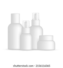 Cosmetics Packaging, Spray Bottles and Cream Jar, Isolated on White Background. Vector Illustration