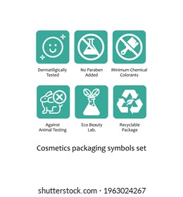 Cosmetics packaging symbols set. Natural and organic cosmetic vector line icons. Skincare, no synthetic fragrance, and colors, no animal testing. Editable stroke. Perfect pixel icons, EPS10.