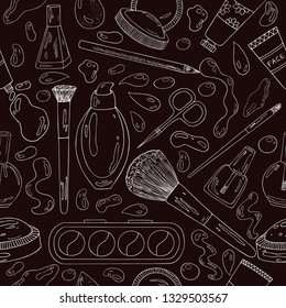 Cosmetics pattern. Beauty tools sketch hand drawn background. 