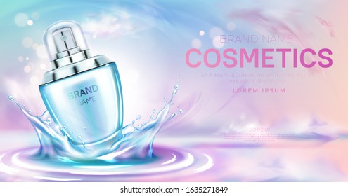 Cosmetics perfume bottle on splashing water surface with circles on pink cloudy sky background. Glass spray tube package promo mockup banner design. Cosmetics product Realistic 3d vector illustration