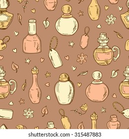 Cosmetics. Perfume bottles - Vector Seamless pattern. Hand drawn doodle illustration 