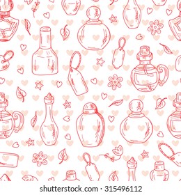 Cosmetics. Perfume bottles - Vector Seamless pattern. Hand drawn doodle illustration 