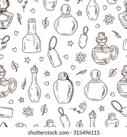 Cosmetics. Perfume bottles - Vector Seamless pattern. Hand drawn doodle illustration 