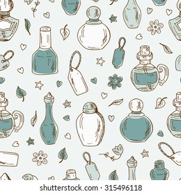 Cosmetics. Perfume bottles - Vector Seamless pattern. Hand drawn doodle illustration 