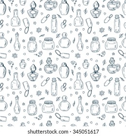Cosmetics. Perfume bottles - Vector Seamless pattern. Hand drawn doodle illustration