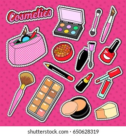 Cosmetics Perfume Doodle with Brush, Lipstick and Eyeshadow. Woman Fashion Beauty Stickers, Badge and Patch. Vector illustration