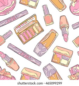 Cosmetics: perfume, eye shadow, blush, lipstick, mascara, nail polish, foundation. Seamless vector pattern (background).