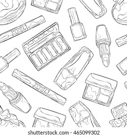 Cosmetics: perfume, eye shadow, blush, lipstick, mascara, nail polish, foundation. Seamless vector pattern (background).