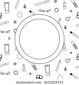 Cosméticos, perfume, batom e outros modelo de quadro redondo Círculo ilustração de linha gráfica vetorial. Arte de maquiagem cosmética em preto e branco. Para cartaz, convite, mídia social, festa ou venda

