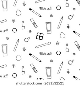Cosméticos, perfume, batom e outros ilustração de linha gráfica Vetor. Arte de maquiagem cosmética em preto e branco. Para cartaz, folheto, faixa, convite, mídia social, festa ou venda