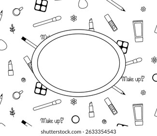 Cosméticos, perfume, modelo de moldura oval batom ilustração de linha gráfica vetorial. Arte de maquiagem cosmética em preto e branco. Para cartaz, folheto, faixa, convite, mídia social, festa ou venda
