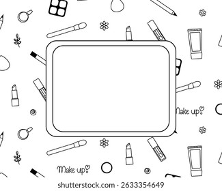 Cosmetics, perfume, lipstick rectangle frame template Vector graphic line illustration. Black and white cosmetic makeup art. For poster, flyer, banner, invitation, social media, party or sale
