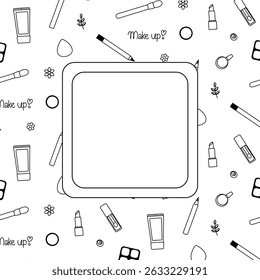 Cosméticos, perfume, batom Quadrado modelo de moldura Vetor ilustração de linha gráfica. Arte de maquiagem cosmética em preto e branco. Para cartaz, folheto, faixa, convite, mídia social, festa ou venda