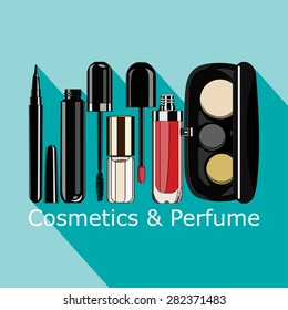 cosmetics and perfume - mascara, lip gloss, eye shadow, perfume, liquid eyeliner. vector illustration for your design, cosmetic banners, brochures and promotional items. Blank  on blue background.  