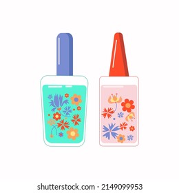 Cosmetics, Perfume, nail polish in a bottle with a floral scent. Abstract vector illustration. Flowers, perfumery. Isolated background.