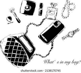 cosmetics and perfume and watch and phone and bag 