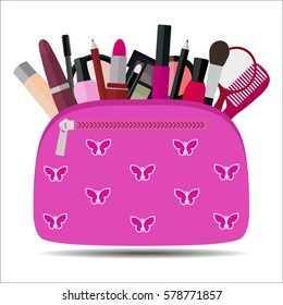cosmetics in a pink bag on white background