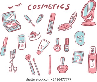 Cosmetics Cosmetics pink and light blue hand-drawn style illustration set
