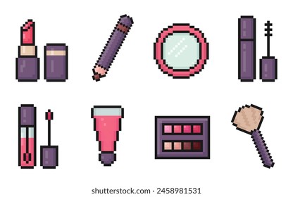 cosmetics pixel art icon set, girl accessories, 80s, 90s arcade game style, lipstick, eye pencil, mirror, mascara, lip balm, eyeshadow palette, brush, elements for game, app and more