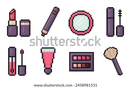 cosmetics pixel art icon set, girl accessories, 80s, 90s arcade game style, lipstick, eye pencil, mirror, mascara, lip balm, eyeshadow palette, brush, elements for game, app and more