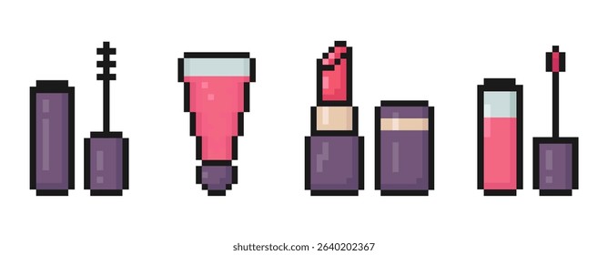 cosmetics pixel art set of icons, makeup products, mascara, lipstick, lip balm, 8 bit, old arcade game style, icons for mobile app, retro, vector illustration