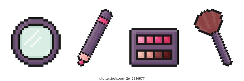 cosmetics pixel art set of icons, makeup products, mirror, pencil, eyeshadow, makeup brush, 8 bit, old arcade game style, icons for mobile app, retro, vector illustration