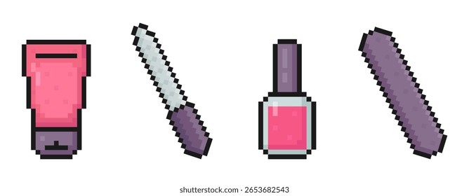 cosméticos pixel art conjunto de ícones, produtos de cuidados com as unhas, manicure, pedicure, arquivo de unha, esmalte de unha, creme de mão, 8 bits, estilo de jogo arcade antigo, ícones para aplicativo móvel, retro, ilustração vetorial