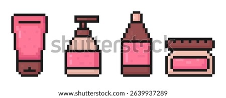 cosmetics pixel art set of icons, skincare, bodycare products, washing accessories, cream, lotion, foam, shampoo, balm, mask, 8 bit, old arcade game style, icons for mobile app, vector illustration
