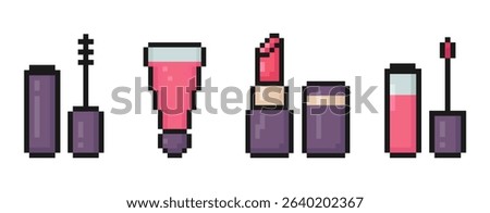 cosmetics pixel art set of icons, makeup products, mascara, lipstick, lip balm, 8 bit, old arcade game style, icons for mobile app, retro, vector illustration