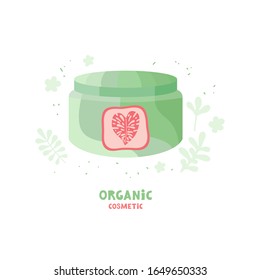 Cosmetics from plants and herbs. Natural herbal organic cosmetic. Skin care product. Face cream in a jar. Ecological and natural beauty products. Body care product. Spa cosmetics. Icon in flat vector.