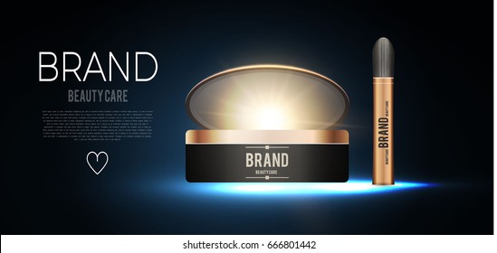 Cosmetics Poster Template with Light Effects. Realistic Objects of Packaging Design. Attractive Powder and Brush. Vector illustration