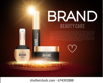 Kosmetikplakatvorlage mit Lichteffekten. Realistische Objekte des Verpackungsdesigns. Creme und Lotionen. Vektorgrafik