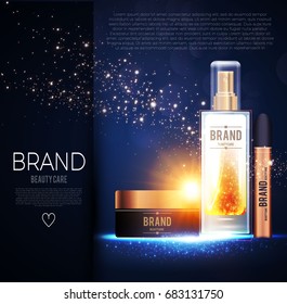 Cosmetics Poster Template with Light Effects. Realistic Objects of Packaging Design. Cream, Brush and Perfume Bottle. Vector illustration