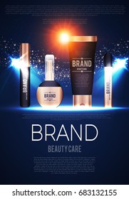 Cosmetics Poster Template with Light Effects and Spotlights. Realistic Objects of Packaging Design. Cream, Lotion, Perfume Bottle, Brush and Mascara. Vector illustration