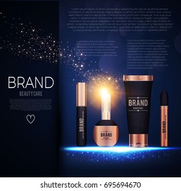 Cosmetics Poster Template with Light Effects. Realistic Objects of Packaging Design. Cream, Lotion, Perfume Bottle, Brush and Mascara. Vector illustration