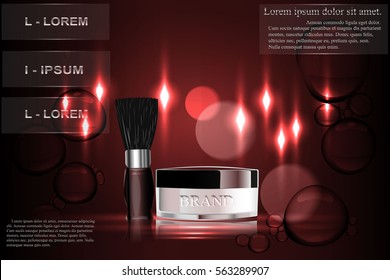 Cosmetics, powder with a broom, the pattern of advertising. Vector illustration.