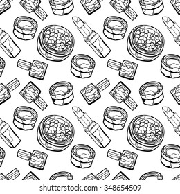 Cosmetics. Powder, eye shadow, nail polish, lipstick. Vector seamless pattern (background). Set with woman's decorative cosmetics. Hand-drawn background. Fashion and beauty.