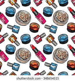 Cosmetics. Powder, eye shadow, nail polish, lipstick. Vector seamless pattern (background). Set with woman's decorative cosmetics. Hand-drawn background. Fashion and beauty.
