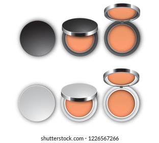 Cosmetics powder package design, set of closed and open packages in black and white color, top view, isolated on white