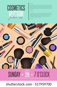 Cosmetics presentation. Advertising flyer or invitation poster with makeup accessory and date, time of event. Cosmetics product presentation illustration. Beauty salon, shop or beautician master-class