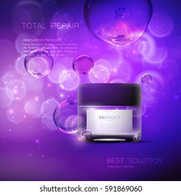 Cosmetics product ads. 3d vector beauty illustration of moisturizing facial cream or mask glass jar, shiny liquid bubbles. Beauty package mock-up for fashion magazine poster design. Offer of the week