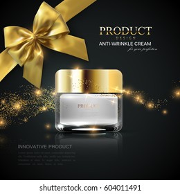 Cosmetics product ads. 3d vector beauty illustration of facial cream or scrub glass jar, wave of glittering sparkles and golden bow. Package mock-up for fashion magazine poster design.