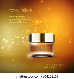 Cosmetics product ads. 3d vector beauty illustration of moisturizing facial cream or or gel glass jar and sparkles. Package mock-up for fashion magazine poster design