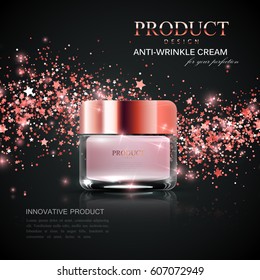 Cosmetics product ads. 3d vector beauty illustration of anti-wrinkles facial cream jar and rose gold wave of sparkles and stars. Package mock-up for fashion magazine poster design.