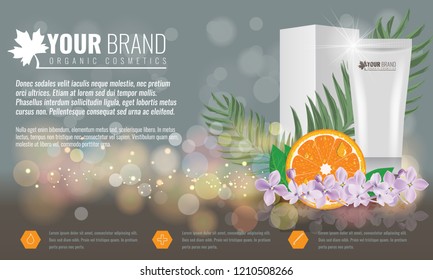 Cosmetics product ads poster template. Cosmetic beauty mockup. Cream tube package with flowers and palm leaf. Vector illustration.