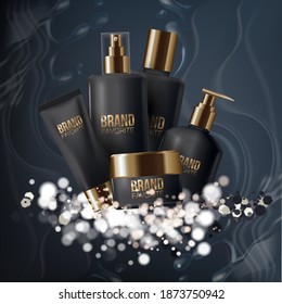 Cosmetics product ads poster template. Cosmetic layout design. Various containers for cosmetic products, cream, soap, shampoo, spray. Bright black design for advertising. 3d vector illustration.