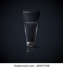 Cosmetics product ads poster template. Cosmetic mockup design. Black cream tube package on reflective black background. 3d vector illustration